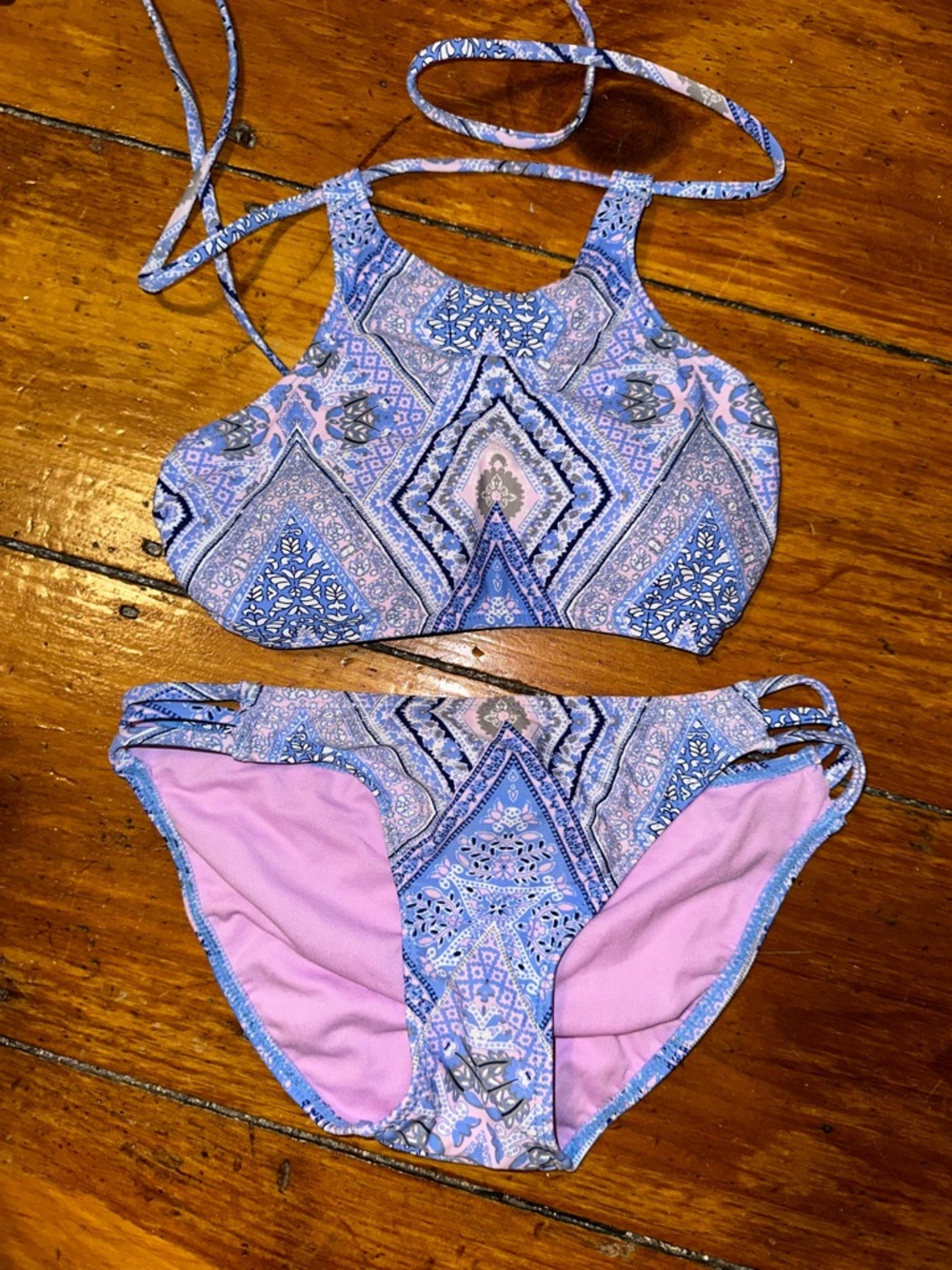 Xhilaration Light Pink and Blue Floral Trim Bikini